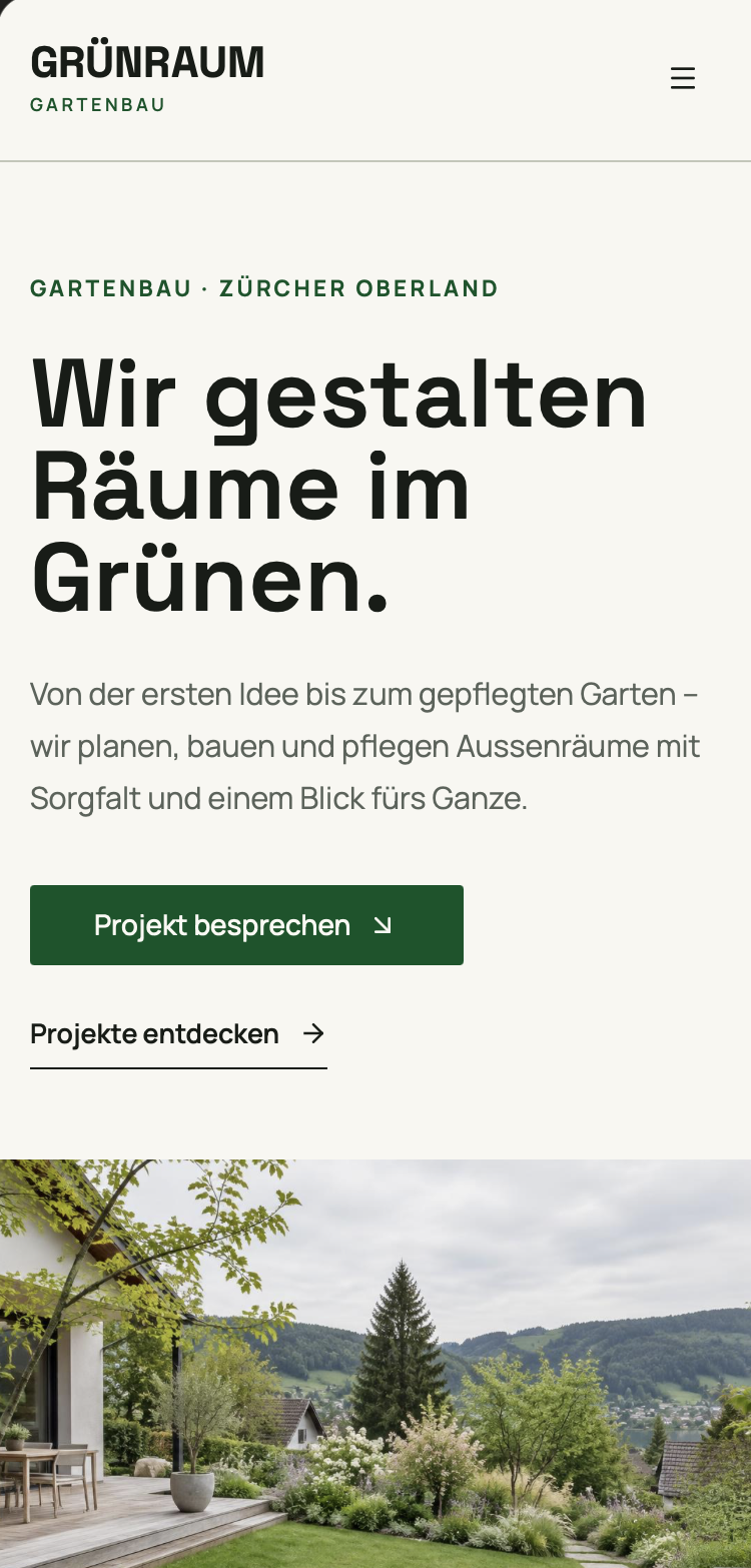 Mobile Ansicht der GRÜNRAUM Website