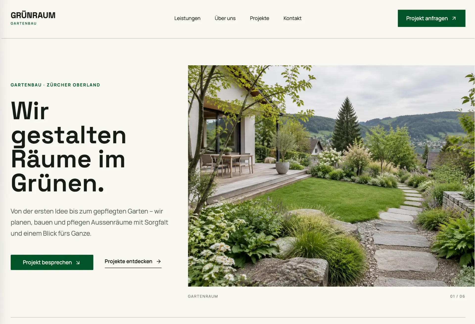 Desktop-Ansicht der GRÜNRAUM Website